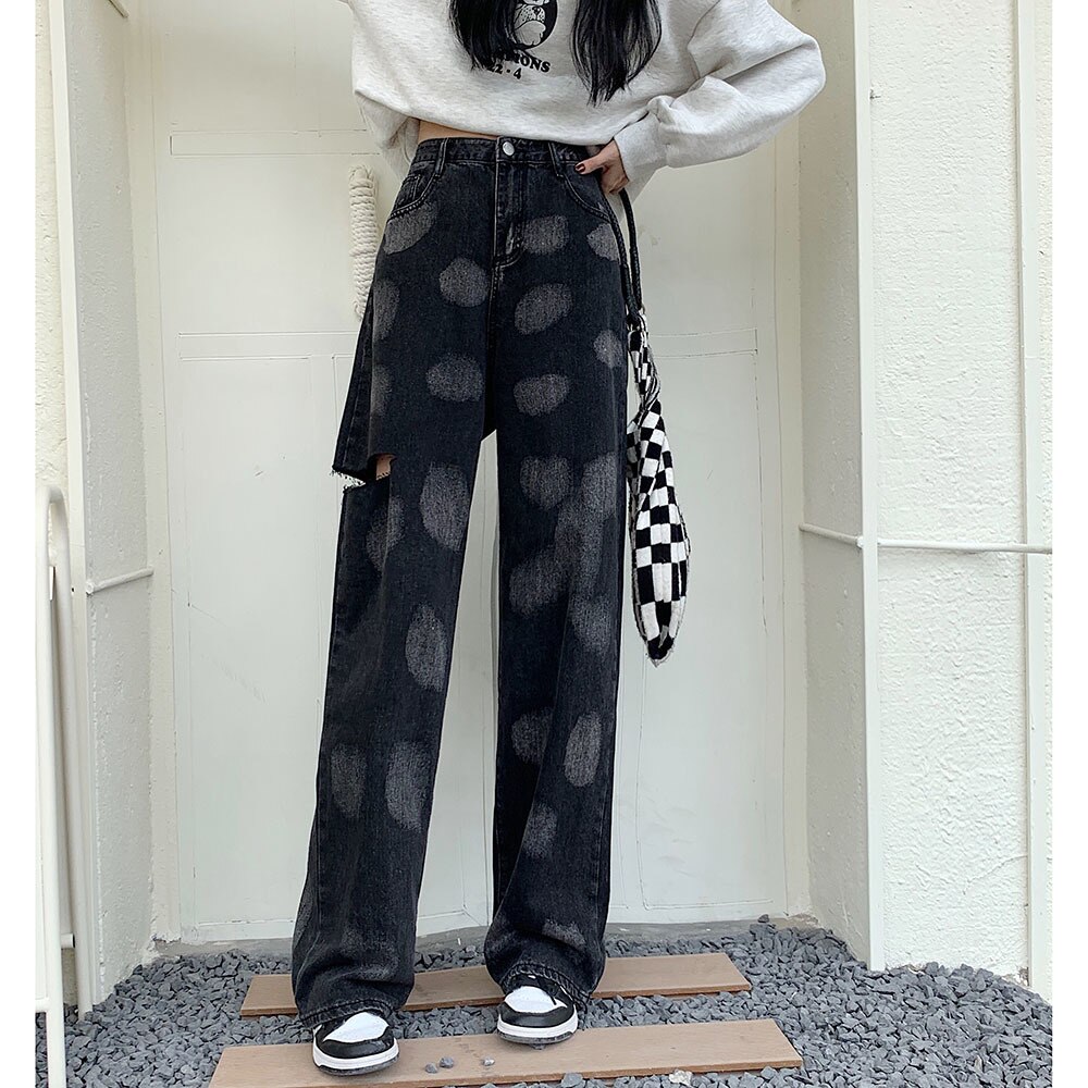Summer Fashion Trend Loose Tie Dry women&s Jeans High Street Casual Straight Wide Leg Pants Hole Jeans 2022